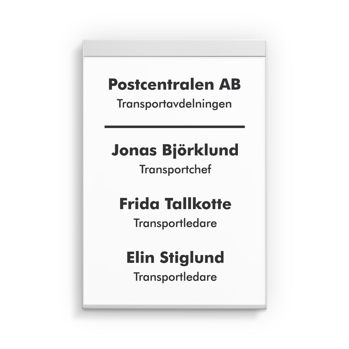 Kontorsskylt av vitlackerad aluminium designad för att hålla A5-papper i stående utförande