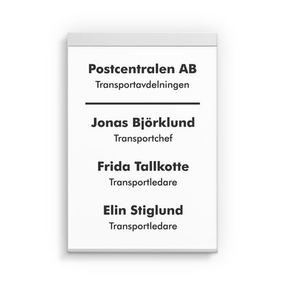 Kontorsskylt av vitlackerad aluminium designad för att hålla A5-papper i stående utförande
